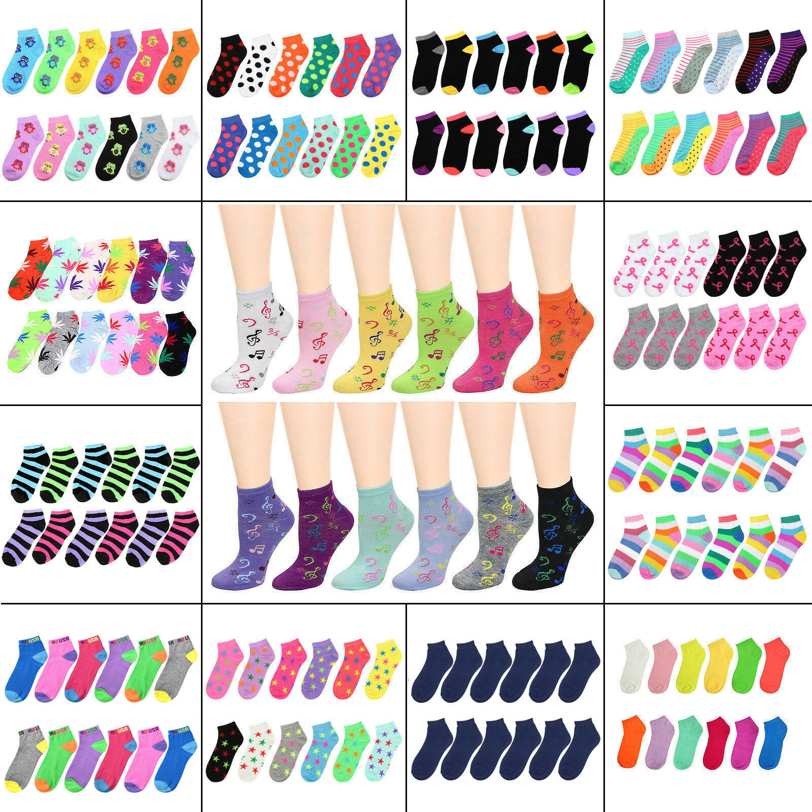 12 Pairs Women Ankle Socks Assorted Colors